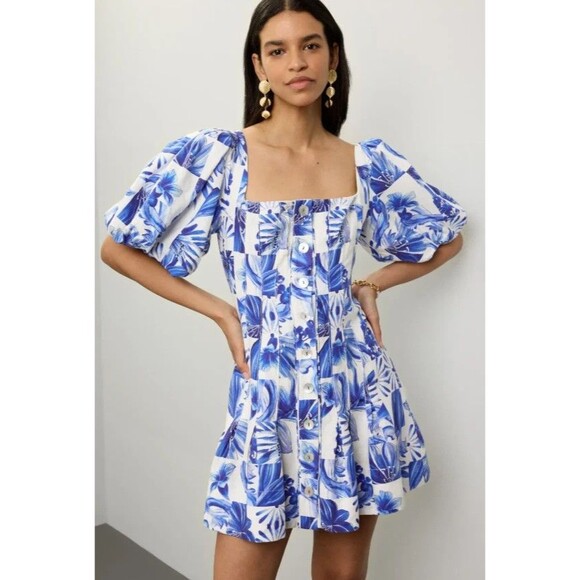 Caroline Constas women Linen Short Mini Dress size 10 White & Blue Floral Button - Picture 1 of 9